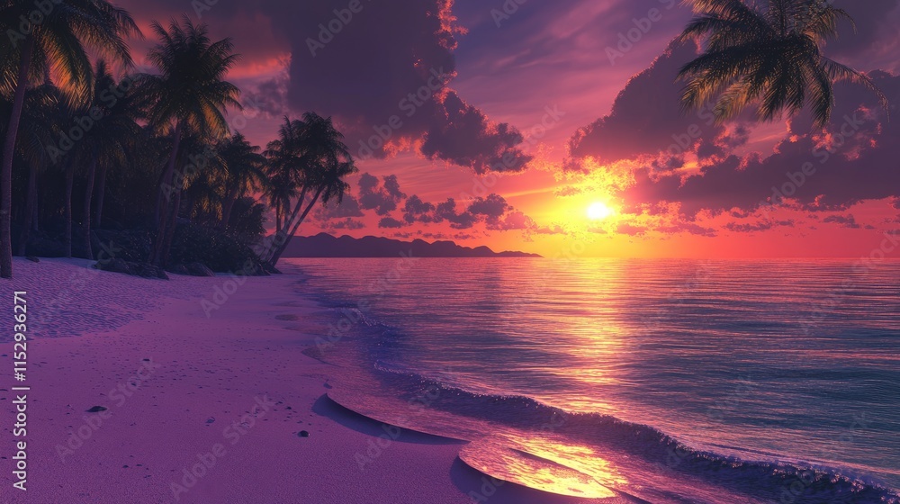 Poster serene sunset over a tranquil beach with palm trees reflecting on calm waters creating a peaceful tr