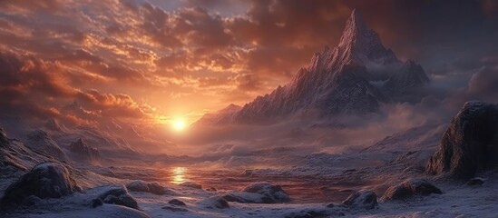 Fototapeta premium Majestic mountain landscape illuminated by sunrise with dramatic clouds and reflective water creating a serene atmosphere.
