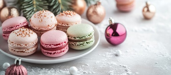 Obraz premium Festive macarons arranged on a plate with Christmas ornaments and pine branches on a frosty background