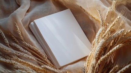 Wheat stalks and empty white notebook on soft fabric background for creative writing or agricultural themes