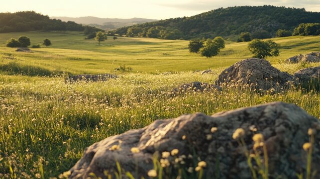 Spring meadow landscape with blooming flowers and rocky outcrops in a lush countryside setting under soft sunlight and distant hills.