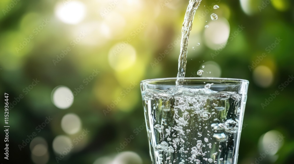 Poster refreshing clean water being poured into a glass with a soft green background creating a serene and 