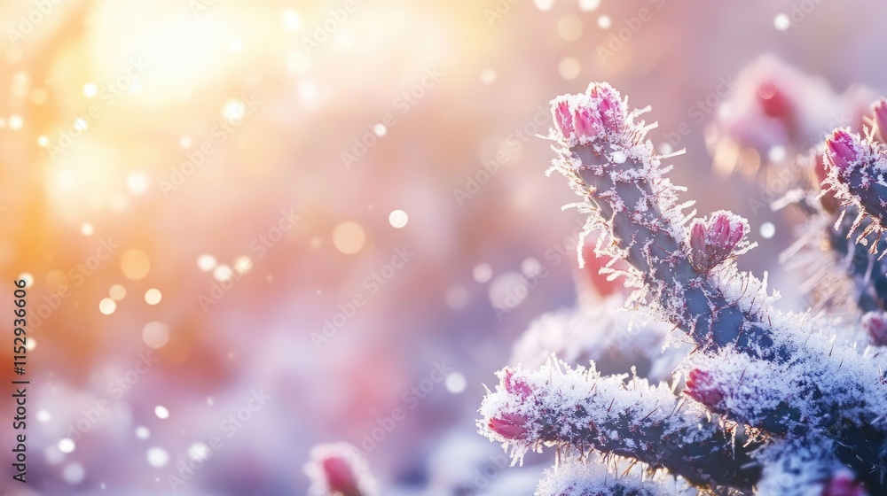 Poster frosted cholla cactus in desert landscape with blurred background and sunlit bokeh effects