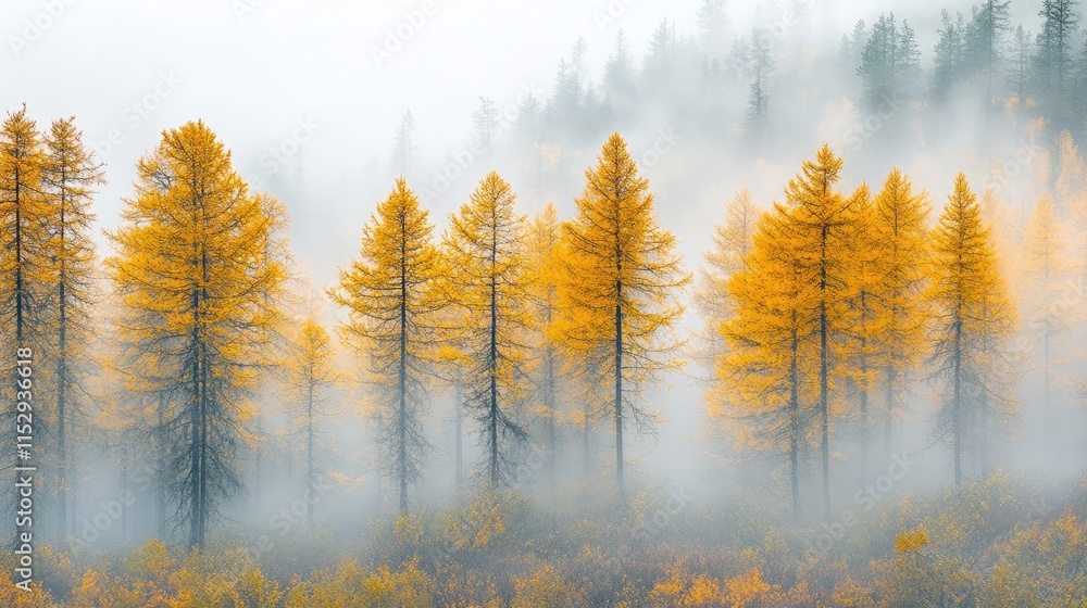 Poster autumn forest landscape with vibrant yellow trees surrounded by dense fog and mist creating a serene