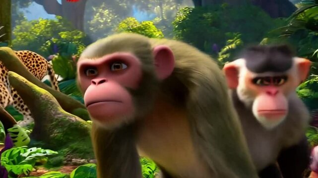 Monkeys with other animals walking in jungle 3d animated video 