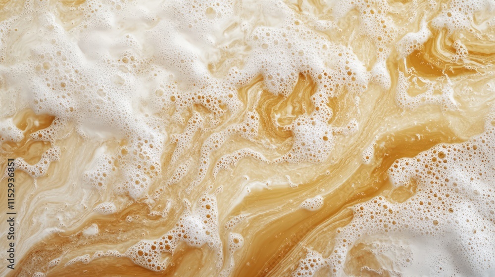 Poster foamed water surface texture with swirling patterns and shiny bubbles in a fast flowing creek creati