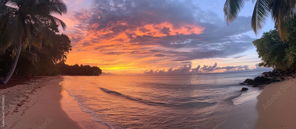 Poster panoramic view of a vibrant sunset over the beach with palm trees and calm waves creating a serene a