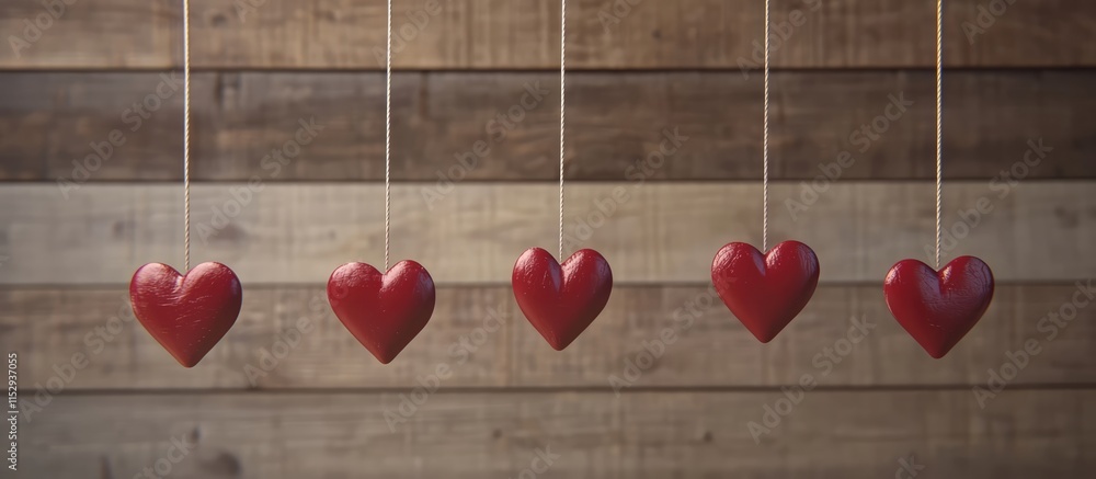 Poster hanging red hearts on string against rustic wooden background symbolizing love and affection in a ro