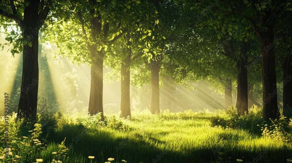 Poster sunlight filtering through trees in a lush green forest during spring season displaying vibrant flor
