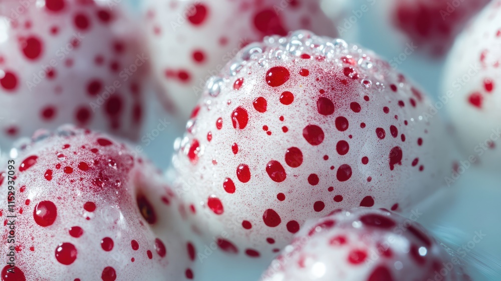 Poster refreshing summer cherries with unique white and red spots submerged in bubbles, showcasing natural 