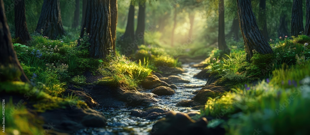 Poster lush forest with sunlight filtering through trees and a serene stream winding through the mountains 