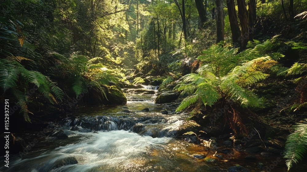 Poster serene forest landscape with flowing creek and lush ferns in sunlight creating a tranquil nature sce