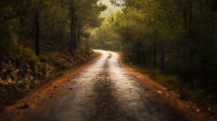 Fototapeta premium Serene winding road through a lush green forest with rain-soaked pavement and soft sunlight peeking through the trees