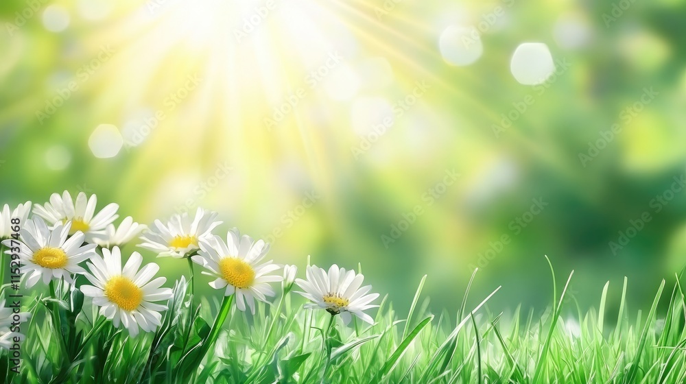 Poster sunlit meadow with blossoms and grass creating a dreamy bokeh background for nature themed projects 