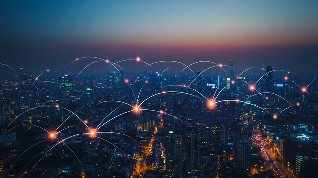 Abstract businesswoman stands on the peak of success Smart digital city with connection cyber security network reciprocity over the cityscape future wireless digital city and social media networking