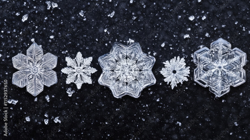 Poster detailed close-up of natural snowflakes on snow showcasing intricate patterns and designs under cold