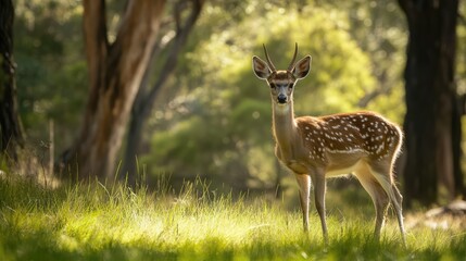 Gentle fawn standing in sunlit meadow amidst lush greenery in serene forest landscape