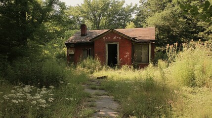 Abandoned house overgrown by nature illustrating the passage of time and remnants of human habitation in a natural setting