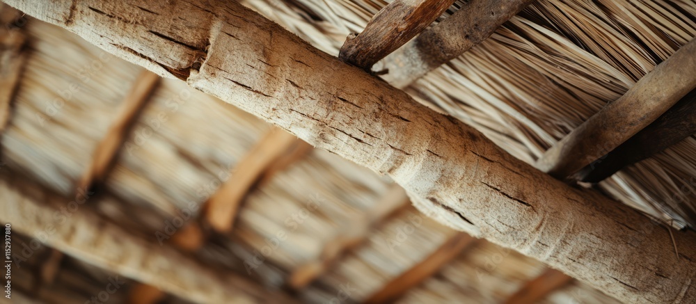 Poster rustic wooden ceiling with natural palm and coconut rafter textures creating an inviting and warm at