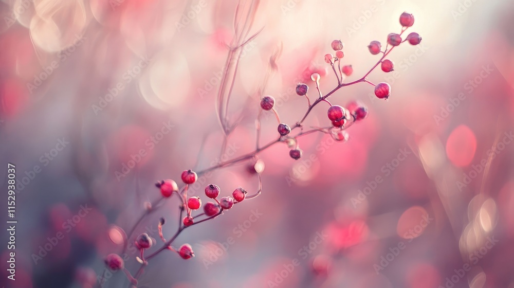Poster delicate red berries with soft bokeh background creating a dreamy and serene nature scene in warm pa