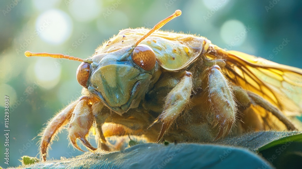 Poster macro photograph of cicada molt on a leaf illustrating metamorphosis in nature with vibrant bokeh ba