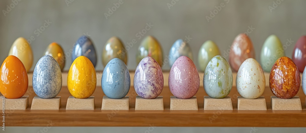 Poster colorful easter eggs beautifully arranged on a wooden display showcasing intricate patterns and text
