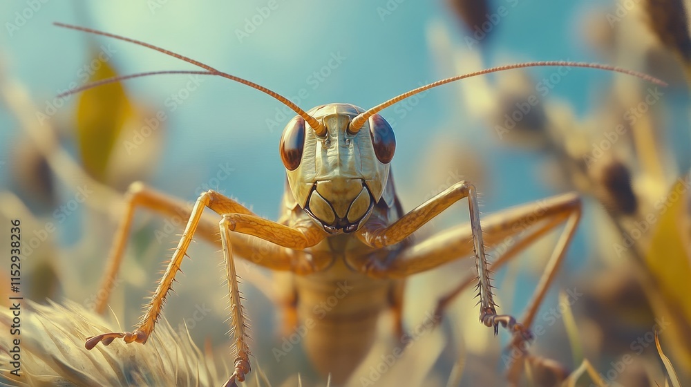 Poster macro close-up of a grasshopper in a natural setting with selective focus highlighting intricate det