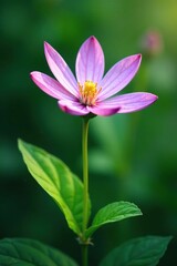 Fototapeta premium A delicate purple and white flower blooms on a lush green stem amidst leafy foliage, nature, botanical