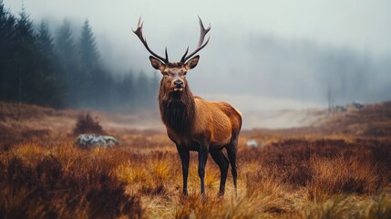 Majestic stag standing in misty forest landscape with lush grass and trees in serene nature setting during early morning light