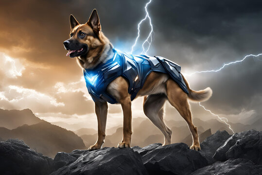 A superhero-like dog in glowing futuristic armor stands battle-ready on rocky terrain, lightning striking a stormy sky behind, exuding intensity and heroism.