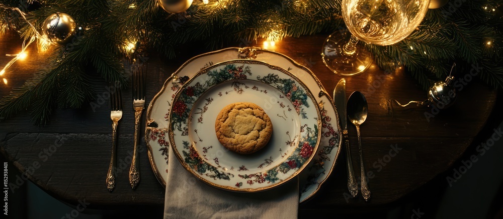 Poster elegant christmas table setting with a single cookie on fine china surrounded by twinkling lights an