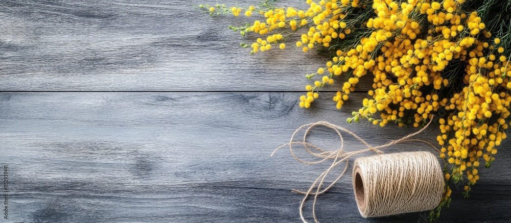 Poster mimosa flowers on a rustic wooden surface with twine roll and blank space for text perfect for flora