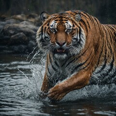 Fototapeta premium Siberian tiger, Panthera tigris altaica, low angle photo direct face view, running in the water directly at camera with water splashing around. Attacking predator in action.