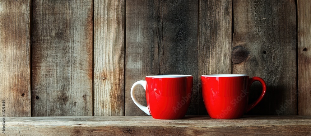 Poster red and white mugs resting on a rustic wooden shelf creating a cozy and inviting atmosphere for beve