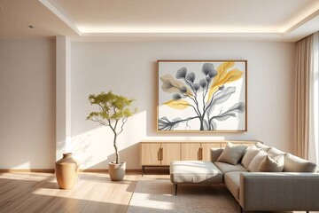 Frame mockup, Living room wall poster mockup. Interior mockup with house background. Modern interior design.	
