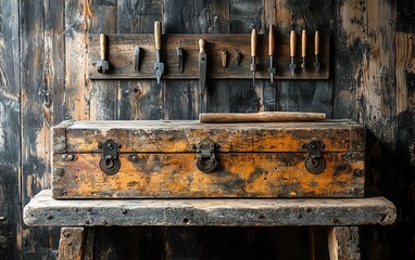 Vintage wooden toolbox and hand tools on rustic workbench, classic carpentry workshop scene.