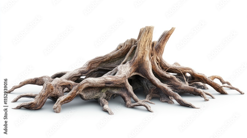 Poster detailed and realistic illustration of natural tree trunk roots isolated on white background for des