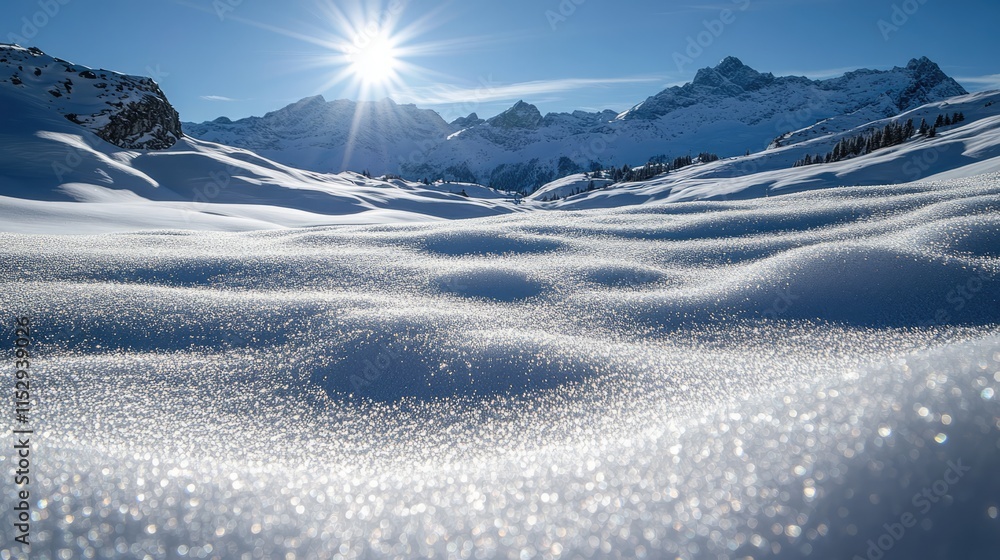 Poster sparkling snow landscape under a bright sun with mountain peaks in the background creating a serene 