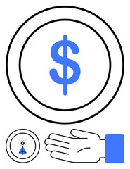 Hand reaching out with palm upwards, large coin with dollar sign, small coin featuring eye and rocket. Ideal for finance, support, investment, donations, banking, monetary assistance transactions