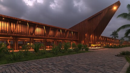 Luxurious Wooden Resort at Dusk Tropical Getaway