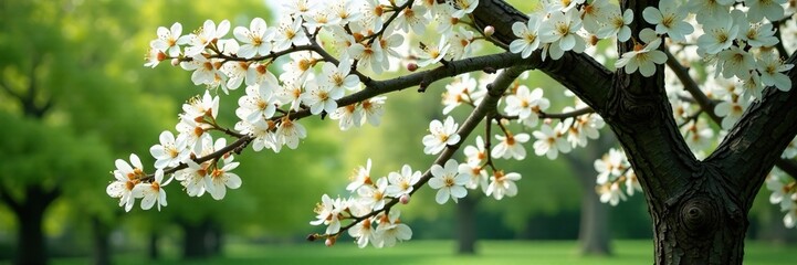 Obraz premium A majestic white oak tree showcases its delicate white blossoms, oak tree, white blossoms, green