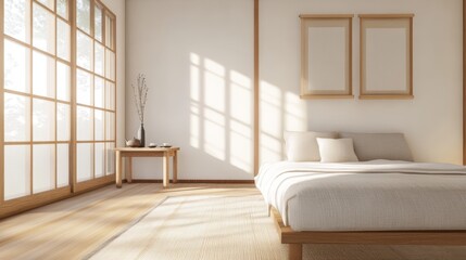 Obraz premium A peaceful Japanese bedroom features a futon, low wooden table with a tea set, and soft, calming light