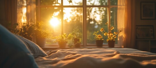 Obraz premium Cozy bedroom with morning sunlight streaming through the window illuminating flowering plants and soft bedding.