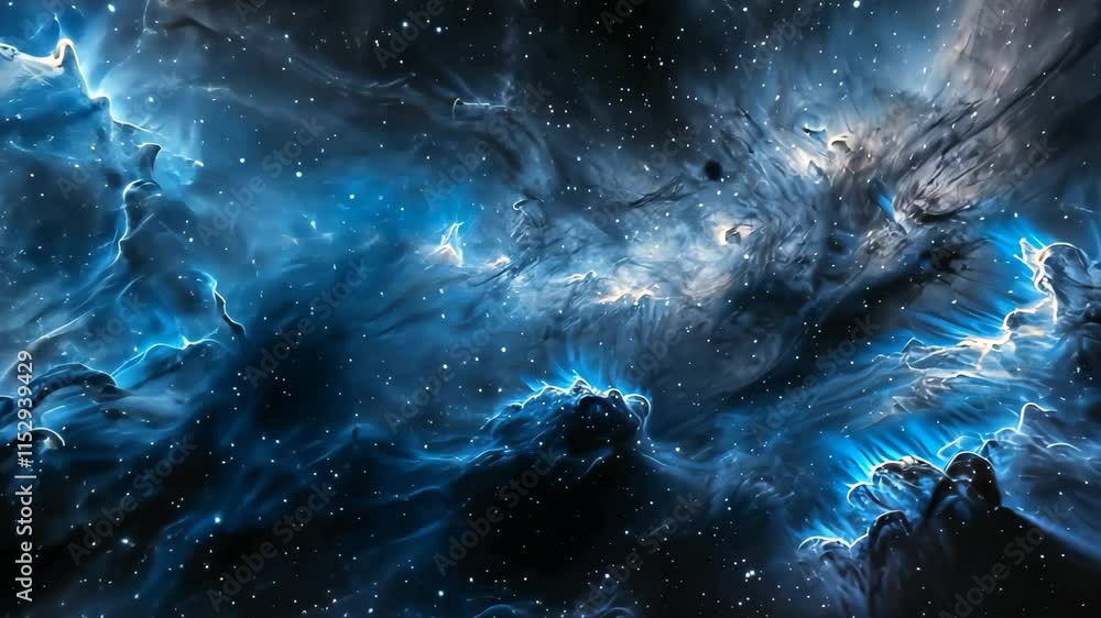 Wall mural this video captures a vast and celestial space featuring a deep blue and black background filled wit