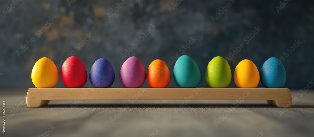 Poster multicolored easter eggs arranged on a wooden display with a blurred background creating an artistic