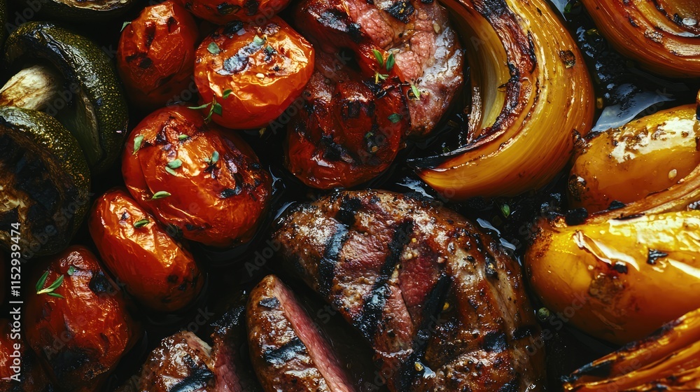 Aufkleber grilled meat and assorted vegetables with smoky char and vibrant color display on a rustic platter f