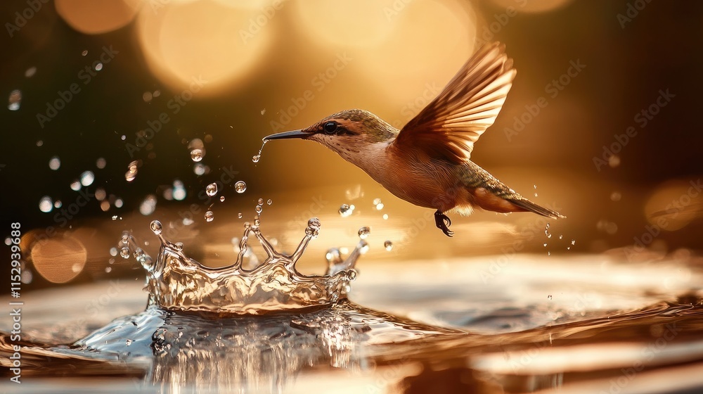 Poster hummingbird hovering above water splash with droplets illuminated by soft golden light in a serene n