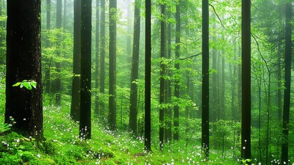 Obraz premium Misty Green Forest with Spring Wildflowers