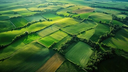 Fototapeta premium Aerial view of lush green farmland and fields under sunlight showcasing varied textures and patterns in agricultural land.