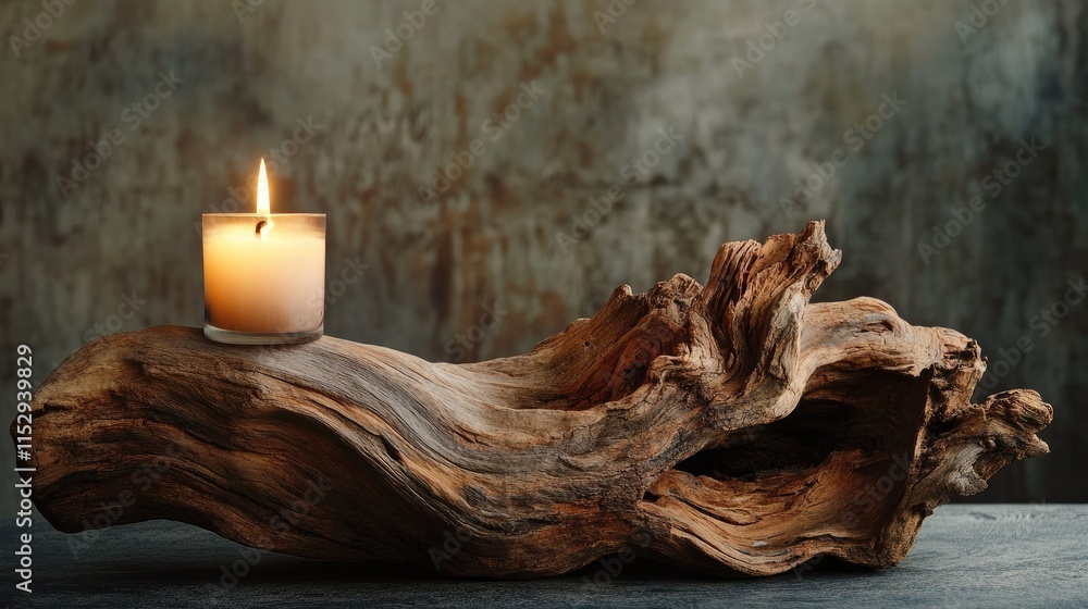Poster driftwood centerpiece featuring a lit candle creating a serene and natural ambiance in a rustic sett